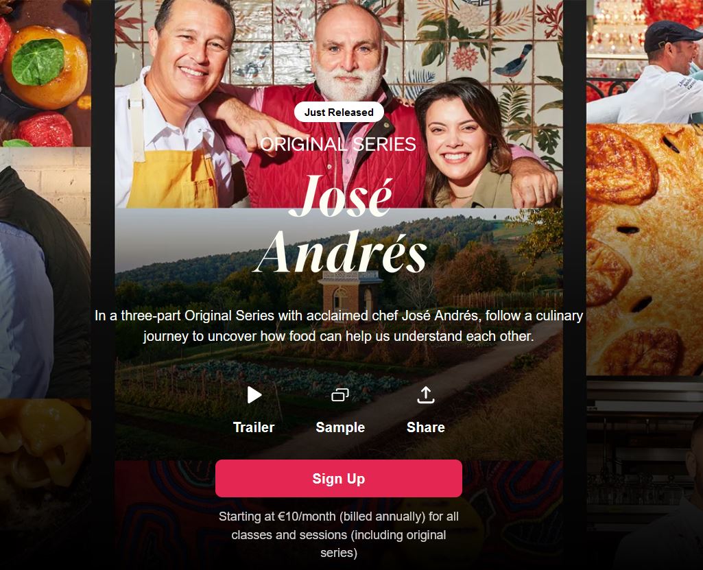 Image featuring chef José Andrés with two smiling companions, promoting a three-part culinary series focused on the connection between food and culture. Text highlights the series title, release announcement, and subscription details.