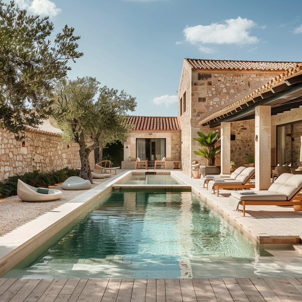 The image depicts a serene and luxurious outdoor setting, featuring a long rectangular pool surrounded by stone buildings. * **Pool:** * The pool is rectangular in shape. * It has a light blue color. * There are no people or objects in the pool. * **Buildings:** * There are two large stone buildings on either side of the pool. * They have tiled roofs and windows. * The buildings appear to be part of a resort or hotel complex. * **Outdoor Furniture:** * There are several lounge chairs and tables around the pool area. * The furniture is made of wood or wicker and has cushions. * Some of the furniture appears to be modern and sleek, while others have a more traditional design. * **Landscaping:** * There are several trees and plants surrounding the pool area. * The landscaping is well-manicured and adds to the overall aesthetic of the setting. Overall, the image presents a peaceful and luxurious outdoor space that is perfect for relaxation and recreation.