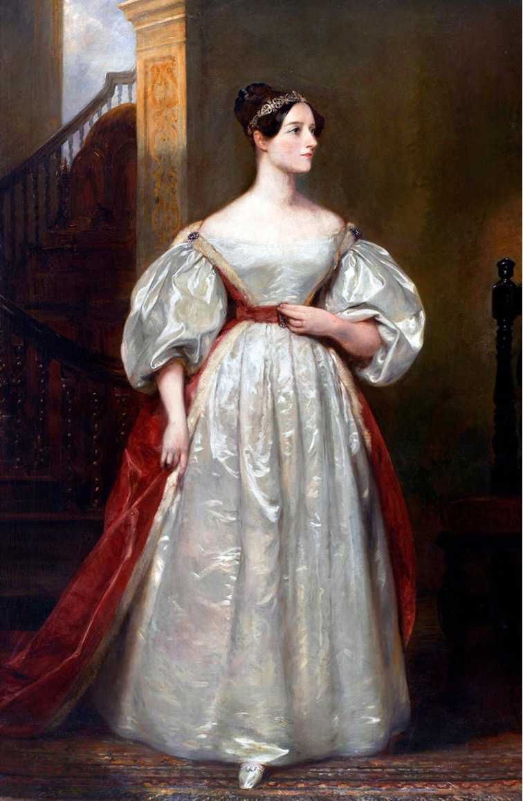 This portrait painting depicts a woman in a formal white dress, exuding elegance and poise. In the foreground, the woman is the central figure, wearing a long-sleeved, floor-length gown with a high neckline and puffy sleeves that are tied at the elbows. Her dark hair is styled under her head, adorned with a sparkling tiara that adds to her regal appearance. The dress features a subtle floral pattern on its white fabric, adding a touch of sophistication. A red sash or ribbon encircles her waist, drawing attention to her slender figure. The background of the painting is dimly lit, featuring a staircase and a pillar visible behind the woman's right shoulder. The overall atmosphere of the painting suggests that it was created in the early 19th century, possibly during the Regency period or slightly later.