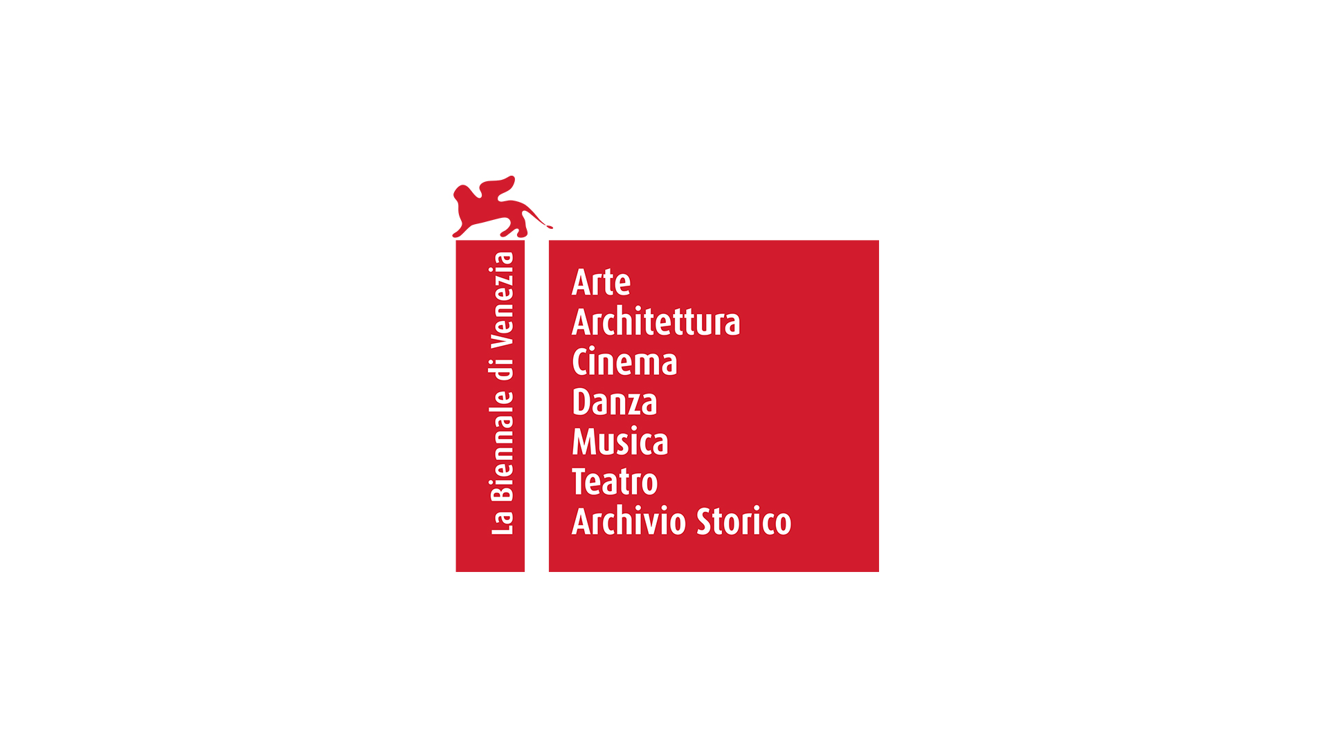 The image features the logo of the Venice Biennale, an international art exhibition held in Venice, Italy. * The logo is divided into two sections: + On the left side, it displays the words "La Biennale di Venezia" in white text on a red background. + On the right side, there are five categories listed in white text on a red background: - Arte - Architettura - Cinema - Danza - Musica - Teatro - Archivio Storico The logo effectively represents the Venice Biennale's diverse range of artistic disciplines and its rich history, showcasing its commitment to promoting art and culture on a global scale.