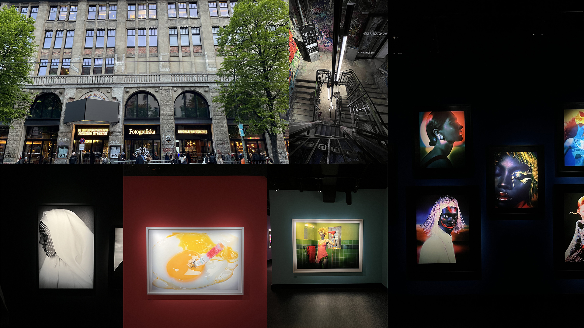 A collage featuring an urban building facade with trees and a store entrance, an interior view of a staircase, and a dark gallery showcasing various modern art pieces, including vibrant portraits and illustrations.