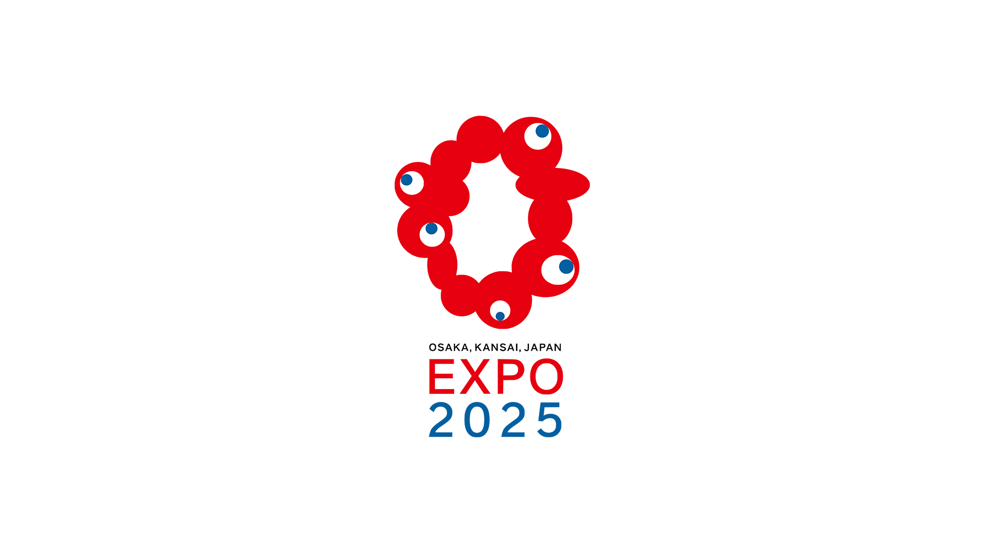 Logo for Expo 2025 in Osaka, Japan, featuring a circular design with red figures and blue eyes, along with the text "OSAKA, KANSAI, JAPAN" and "EXPO 2025" at the bottom.