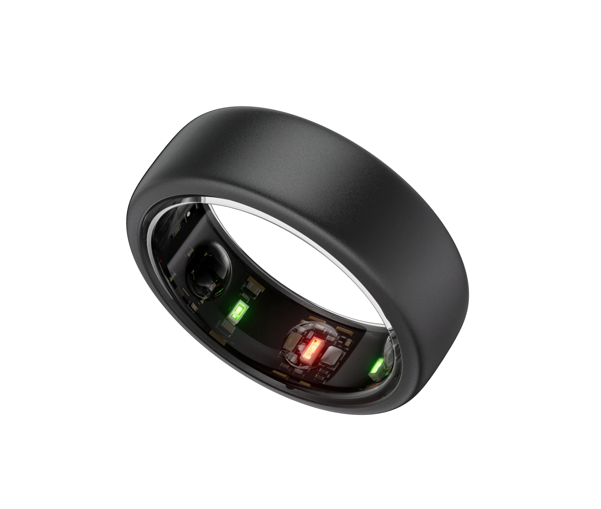 A sleek black smart ring with internal sensors and colored lights (red and green) visible through the transparent section.