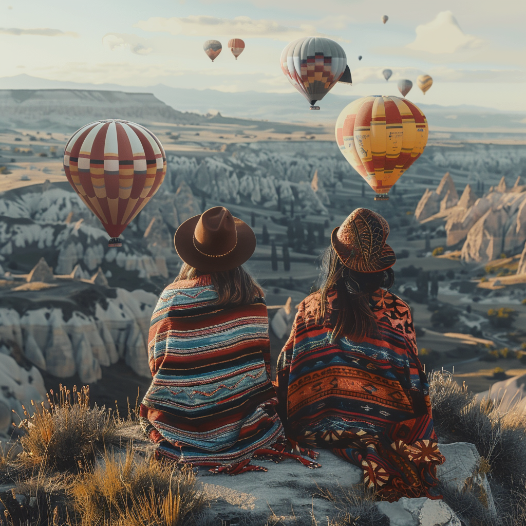 Two women in colorful blankets and hats sit on a rocky outcrop, gazing at vibrant hot air balloons soaring above a picturesque landscape of unique rock formations and valleys at sunrise.