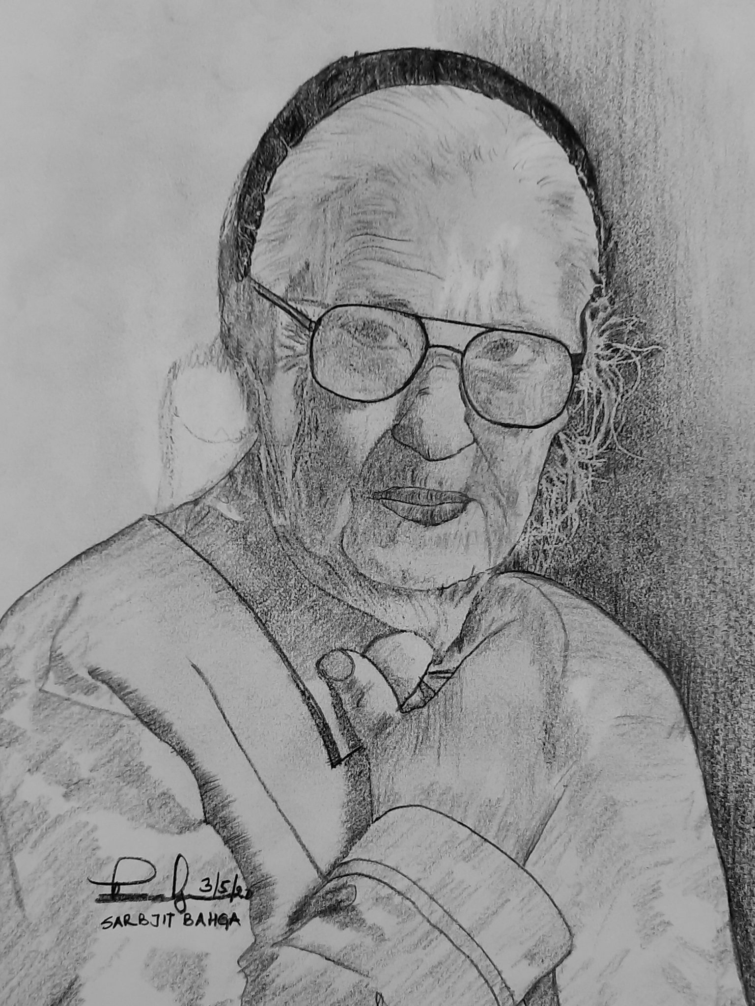 This pencil drawing depicts an elderly woman with a warm smile, wearing a traditional Indian outfit. The subject is captured in three-quarters profile, gazing directly at the viewer. Her hair is styled in a bun, secured by a dark headband or bandana. She wears a long-sleeved kurta and a dupatta draped over her left shoulder, adding elegance to her overall appearance. The artist's use of shading creates depth and dimensionality, with subtle gradations of light and shadow enhancing the subject's features. The signature "Sarosh Banga" is discreetly placed in the bottom-left corner, accompanied by illegible text above it.