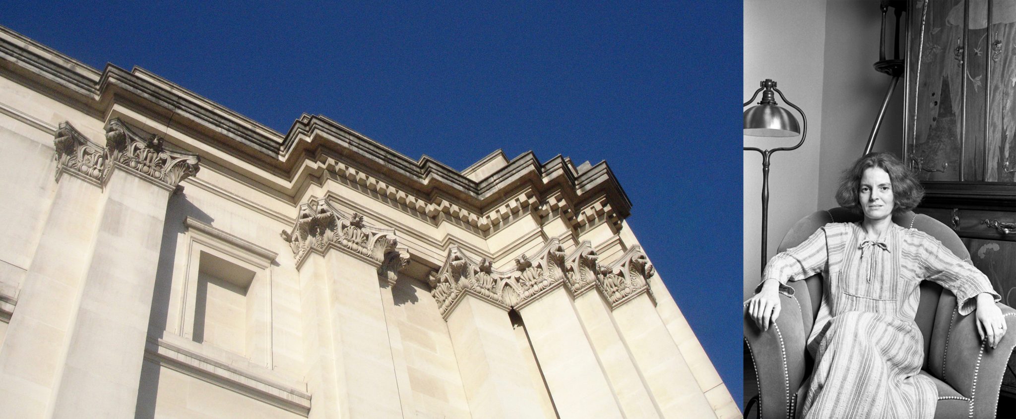 This image features a woman seated in an armchair, positioned to the right of the frame, with her left hand resting on the chair's edge. The chair is upholstered in dark brown fabric with white accents. In the background, a large stone building dominates the scene, showcasing ornate carvings and architectural details that evoke a sense of grandeur and sophistication. The building's facade stretches upwards towards the sky, creating a striking contrast between the woman's intimate setting and the imposing structure behind her.