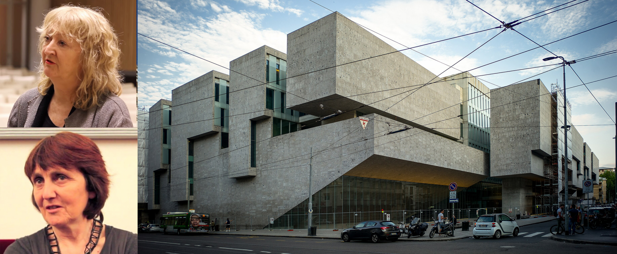 The image is a composite of two photographs, one featuring the exterior of a building and the other showing two women. The top left photograph shows two older white women with blonde hair and brown hair respectively, wearing cardigans. The bottom right photograph depicts the exterior of a large, grey stone or concrete building with a modern design. It has multiple levels, some of which are cantilevered over the street below. There is a black car in front of the building on the street. The background of the top left photograph appears to be a room with wood paneling and a window behind the women. The background of the bottom right photograph shows a blue sky with white clouds, as well as power lines above the street.