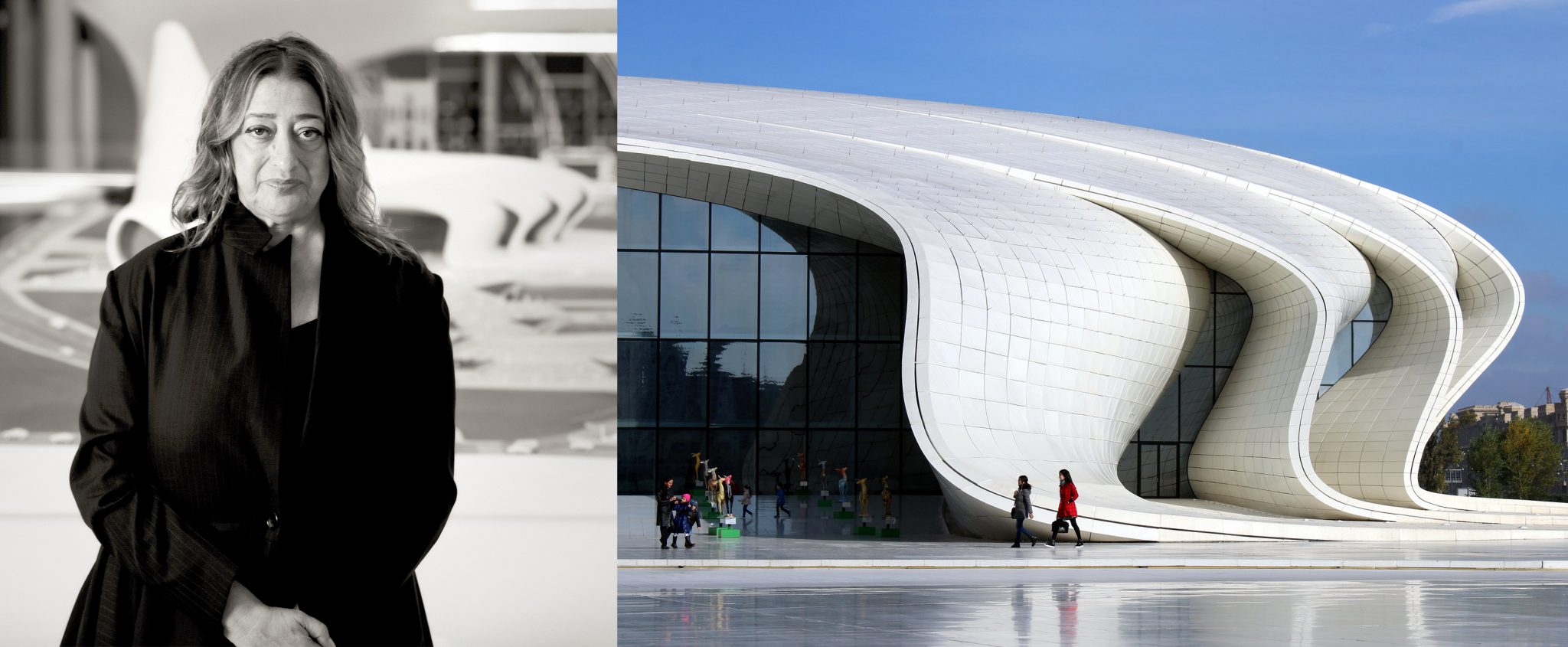 Alt tag: "A split image featuring a woman in a black jacket standing thoughtfully next to the futuristic design of the Heydar Aliyev Center in Baku, Azerbaijan, showcasing its flowing white architecture."