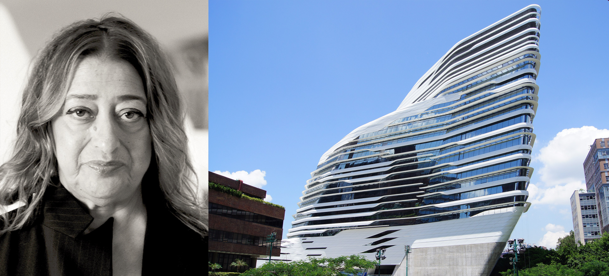 "Black and white portrait of a woman alongside a contemporary, sculptural building with wavy glass facades against a blue sky."