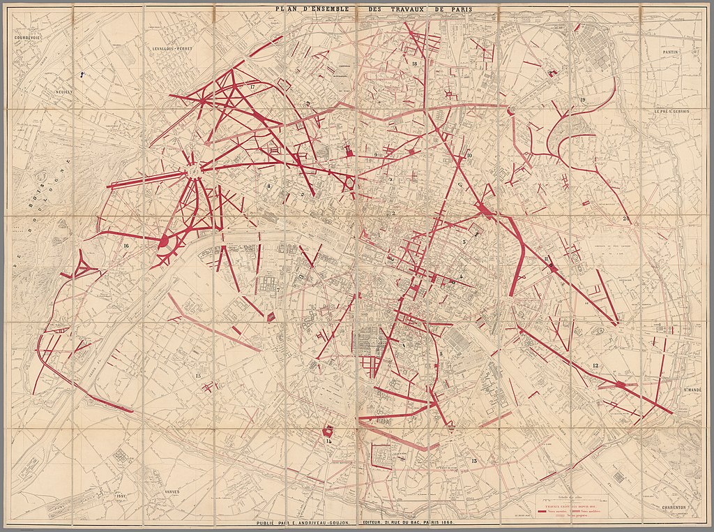 Alt tag: "Historical map of Paris showing infrastructure projects with red lines and annotations, titled 'Plan d'ensemble des travaux de Paris.'"