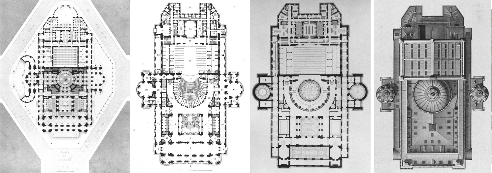 This black-and-white architectural drawing showcases three floor plans of the same building from different perspectives, presented in a collage format. The top section features an overhead view of the building's ground floor plan, with a large octagonal room at its center. The middle section displays a side elevation of the building, while the bottom section presents another overhead view, this time of the building's second floor plan. The floor plans are rendered in detailed black lines and shading on white paper. The overall style of the drawing suggests that it is an architectural blueprint or technical drawing, likely created to provide precise measurements and details for construction purposes.