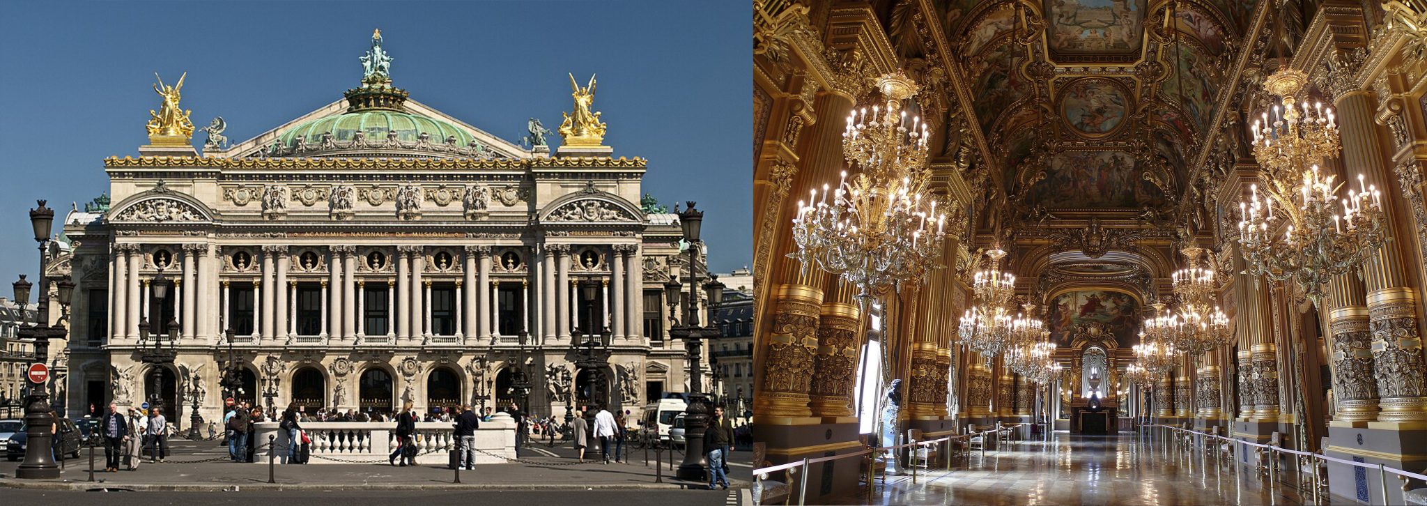 Alt tag: "Split image of the Palais Garnier in Paris featuring the ornate exterior with a green and gold dome, and the lavishly decorated interior showcasing chandeliers and intricate ceiling designs."