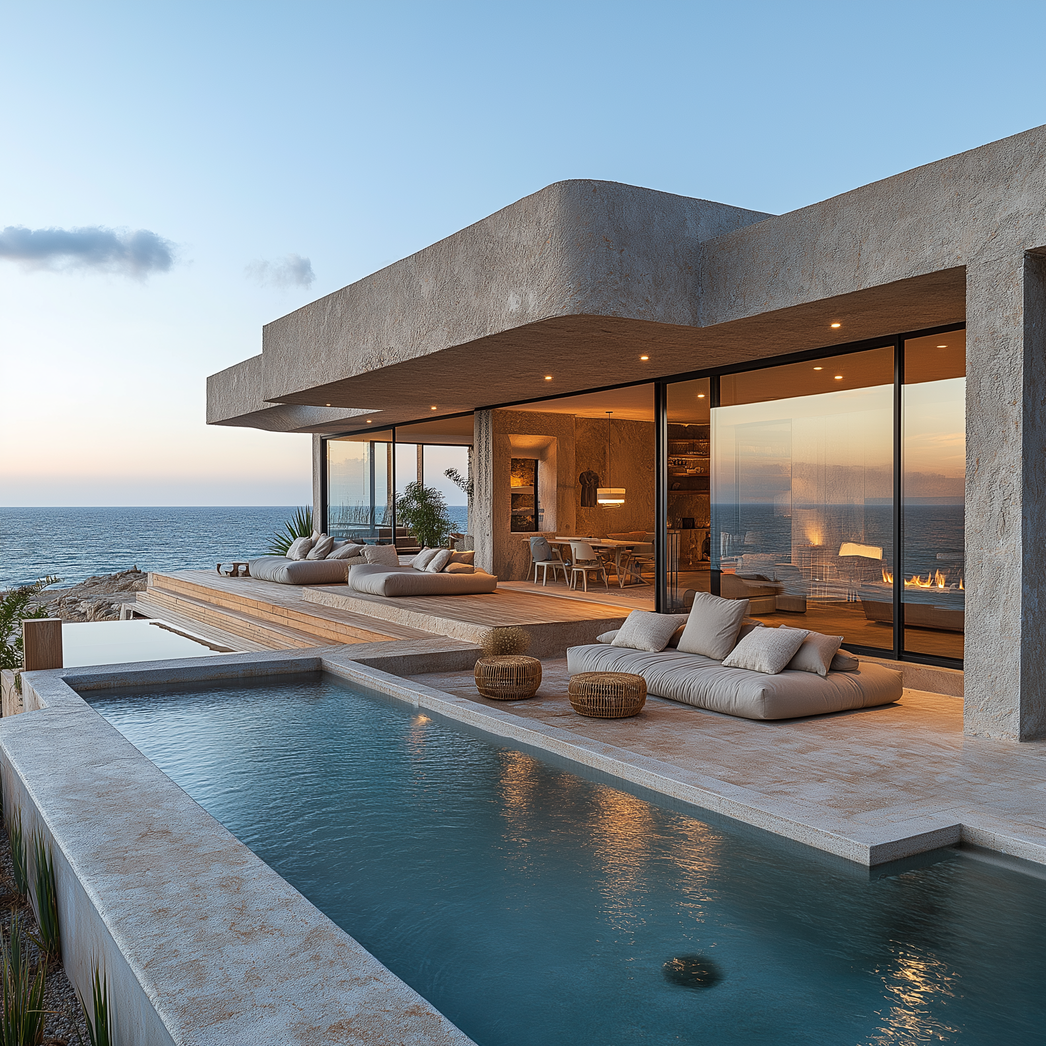 This photograph showcases the exterior of a luxurious, modern home situated on a cliff overlooking the ocean. The residence features a spacious patio area with several large, beige couches arranged around the pool, accompanied by wicker ottomans. The walls are constructed from stone or concrete and have a rough finish, while recessed lighting illuminates the space. In the background, the glass wall of the house offers an unobstructed view of the ocean. The overall aesthetic is sleek and contemporary, with clean lines and minimal ornamentation. The image exudes a sense of tranquility and sophistication, inviting viewers to relax and unwind in this stunning coastal setting.