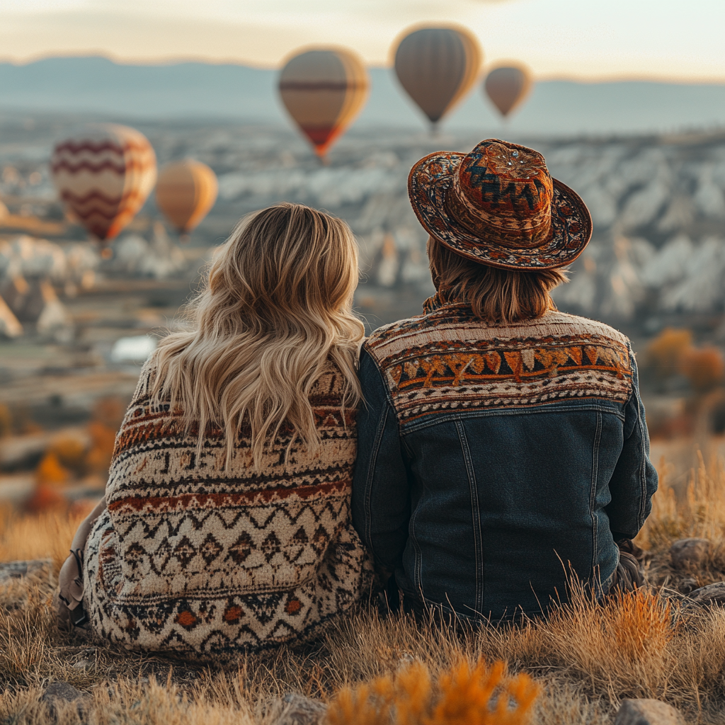 The image depicts a serene scene of a couple sitting together, gazing out at a breathtaking landscape featuring hot air balloons. In the foreground, the couple is positioned with their backs to the camera, creating a sense of intimacy and closeness. The woman on the left has long blonde hair that cascades down her back, while she wears a sweater adorned with an intricate pattern in shades of brown, beige, and white. Her counterpart on the right sports a cowboy hat featuring a vibrant multicolored design, complemented by a denim jacket with matching patterns on the shoulders and chest. As they sit together, their attention is drawn to the stunning vista unfolding before them. In the distance, at least eight hot air balloons are visible, each one adding to the picturesque scenery. The sky above is a brilliant blue, devoid of clouds, which only serves to enhance the overall sense of wonder and awe that pervades the image. The couple's proximity to each other suggests a strong bond or connection between them, as if they are sharing in the beauty of this moment together. The atmosphere is tranquil and peaceful, inviting the viewer to step into the serene world captured within the frame.