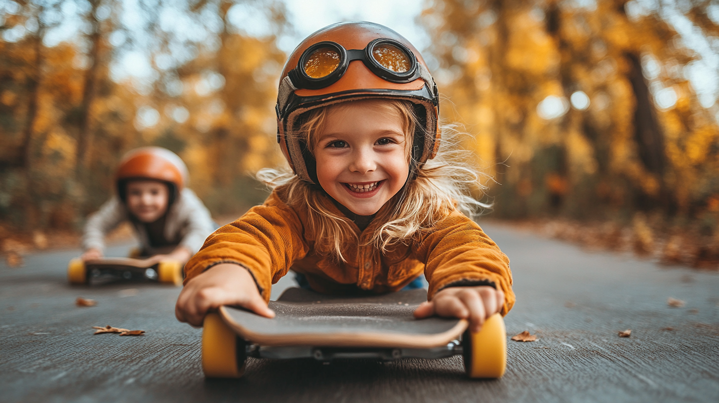 The image depicts two children engaged in a fun activity, riding skateboards on a road or path surrounded by trees with vibrant yellow leaves. **Image Description:** * The foreground features a young girl with long blonde hair, wearing an orange helmet adorned with goggles and an orange sweater. She is lying on her stomach, grasping the front of her skateboard with both hands. * In the background, another child, also wearing a helmet and an orange sweater, is visible on their skateboard, although they are out of focus. * The image exudes a sense of joy and adventure, capturing the carefree spirit of childhood. **Atmosphere:** * The atmosphere is lively and energetic, with the children's laughter and excitement palpable in the air. * The surrounding trees add a touch of natural beauty to the scene, creating a picturesque setting for the children's playtime.