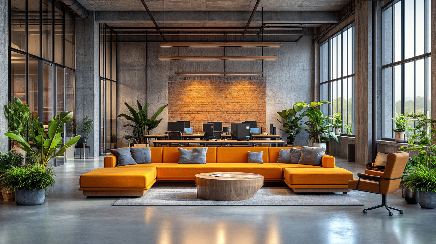 Alt tag: "Modern office interior featuring an orange sectional sofa, circular wooden coffee table, and green plants, with a workspace area equipped with computers and large windows allowing natural light."