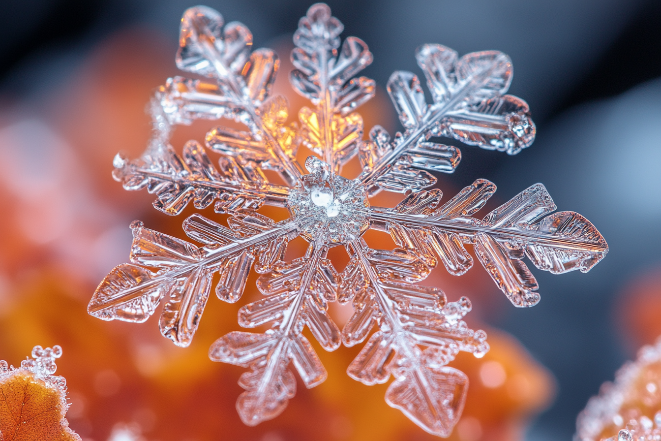 This captivating photograph showcases a stunning snowflake, its intricate crystalline structure glistening with delicate droplets of water. The crystal-clear snowflake dominates the frame, while a blurred background suggests it is being held against an orange and blue surface. The overall ambiance evokes a winter wonderland scene, perfect for those who appreciate nature's beauty during this season.
