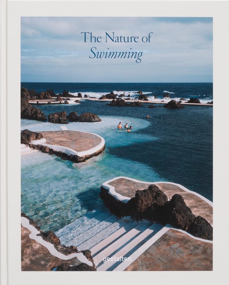 Alt text: A book cover titled "The Nature of Swimming," featuring a serene landscape of rocky pools and people swimming under a blue sky with hints of ocean waves in the background.