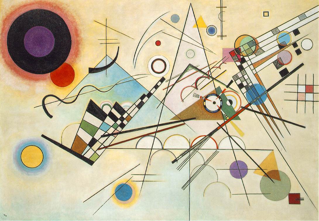 Abstract composition featuring a dynamic arrangement of geometric shapes and lines, with vibrant colors such as red, blue, yellow, and green, set against a light beige background.