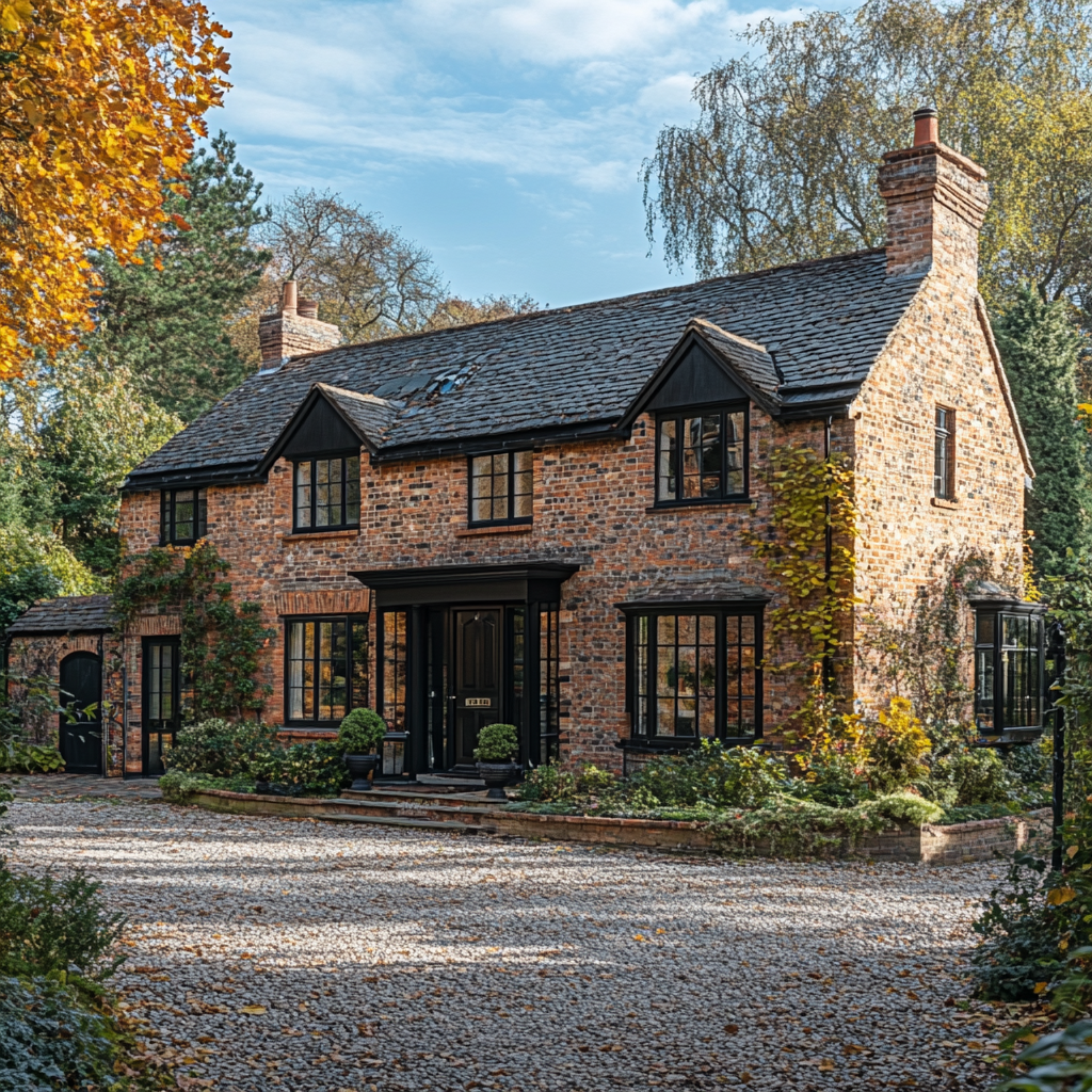 The image depicts a two-story brick house with a dark roof, surrounded by trees and bushes in the background. * The house: + Made of red bricks + Has a dark-colored roof + Two stories tall + Multiple windows on both floors + A small porch or entrance area on the front side * The surrounding environment: + Trees and bushes are visible behind the house + A gravel driveway leads up to the front door The image presents a serene and peaceful atmosphere, with the brick house blending harmoniously into its natural surroundings.