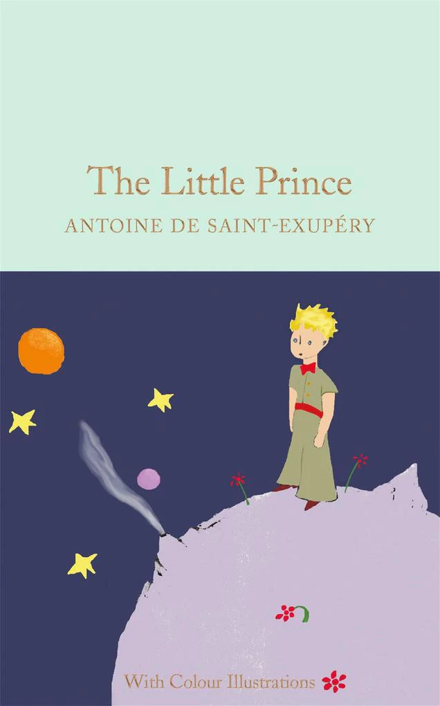 The image is a book cover for "The Little Prince" by Antoine de Saint-Exupéry, featuring the main character standing on a planet with stars and planets in the background. * The title of the book is "The Little Prince". + It is written in large, orange text at the top of the image. + The font is simple and easy to read. * The author's name is Antoine de Saint-Exupéry. + It is written in smaller, orange text below the title. + The font is similar to the one used for the title. * The main character is a young boy with blonde hair. + He is wearing a green shirt and red bow tie. + He has his hands behind his back and is looking down at the ground. Overall, the image effectively conveys the theme of adventure and exploration that is central to the story. The use of simple, colorful illustrations helps to create a sense of wonder and curiosity in the viewer.
