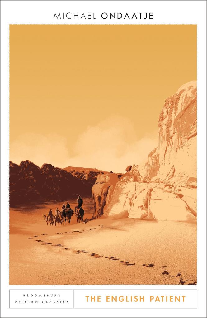 Alt tag: Book cover of "The English Patient" by Michael Ondaatje, featuring a silhouette of figures on horseback against a warm, desert landscape with footprints in the sand.