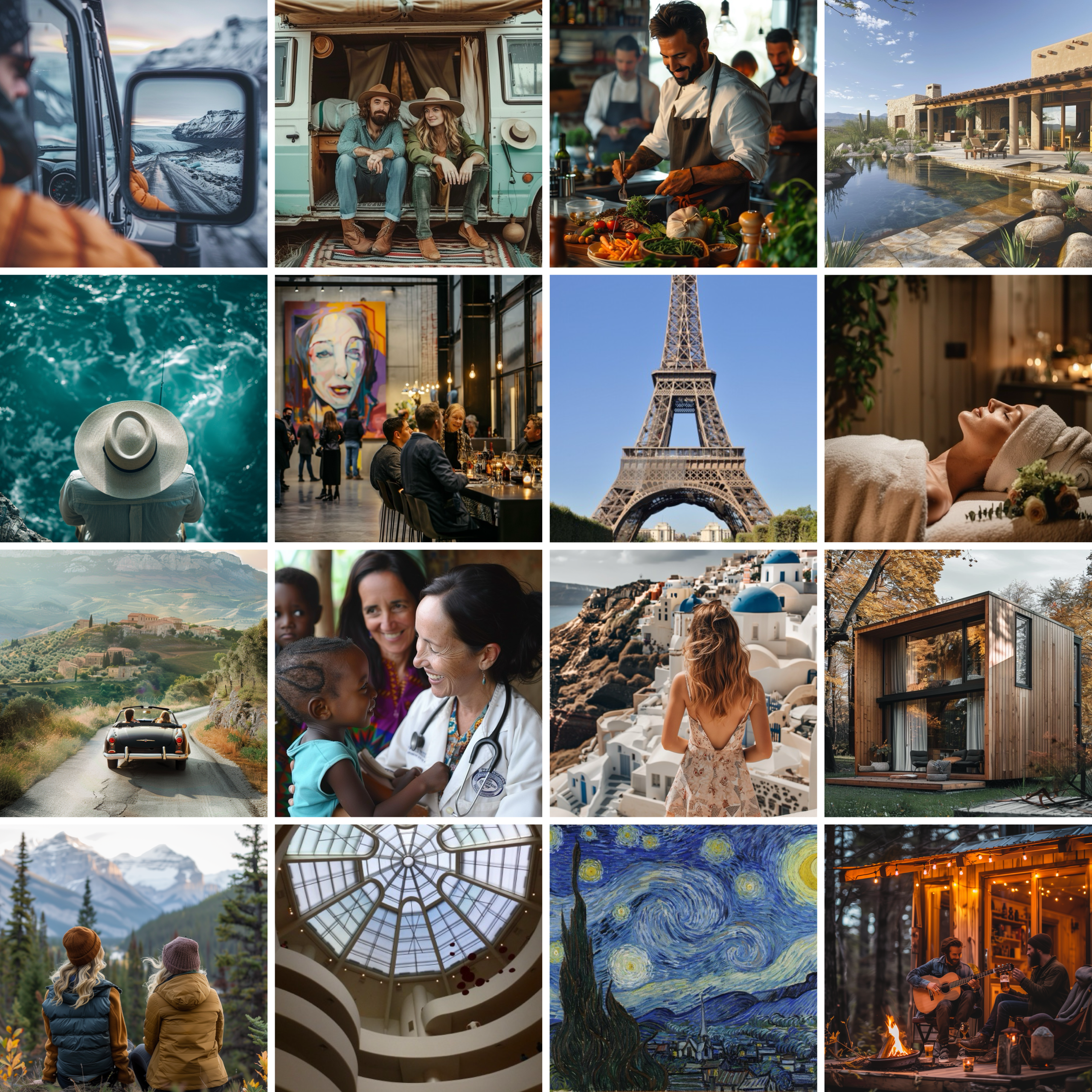 The image is a collage of 16 photographs, each with its own unique theme and style. The photos are arranged in four rows of four, creating a visually appealing composition. **Row 1:** * A person's hand holding a steering wheel, with a mountain range visible through the windshield. * Two men sitting on the back of a truck, wearing cowboy hats and boots, with a scenic landscape behind them. * A group of people gathered around a table, enjoying food and drinks, with a cityscape in the background. * A serene body of water, possibly a lake or ocean, with trees and mountains reflected in its calm surface. **Row 2:** * A person's face, partially obscured by a hat, with a bold, colorful design on their shirt. * A group of people standing together, smiling and laughing, with a cityscape behind them. * The Eiffel Tower, a famous landmark in Paris, France, set against a clear blue sky. * A cozy cabin or lodge, surrounded by trees and mountains, with a warm glow emanating from its windows. **Row 3:** * A person's hand holding a cup of coffee, with a scenic landscape behind them. * Two people sitting on a couch, watching TV, with a cityscape outside their window. * A group of people gathered around a table, playing cards or board games, with a cityscape in the background. * A peaceful forest scene, with trees and wildlife visible in the distance. **Row 4:** * A person's hand holding a paintbrush, with a canvas or painting behind them. * Two people sitting on a bench, looking out at a scenic view, with mountains and valleys stretching out before them. * A group of people gathered around a table, enjoying food and drinks, with a cityscape in the background. * A cozy cabin or lodge, surrounded by trees and mountains, with a warm glow emanating from its windows. Overall, the image presents a diverse range of themes and styles, from natural landscapes to urban scenes, and from outdoor activities to indoor gatherings. The use of different colors, lighting, and compositions adds visual interest and depth to the collage.