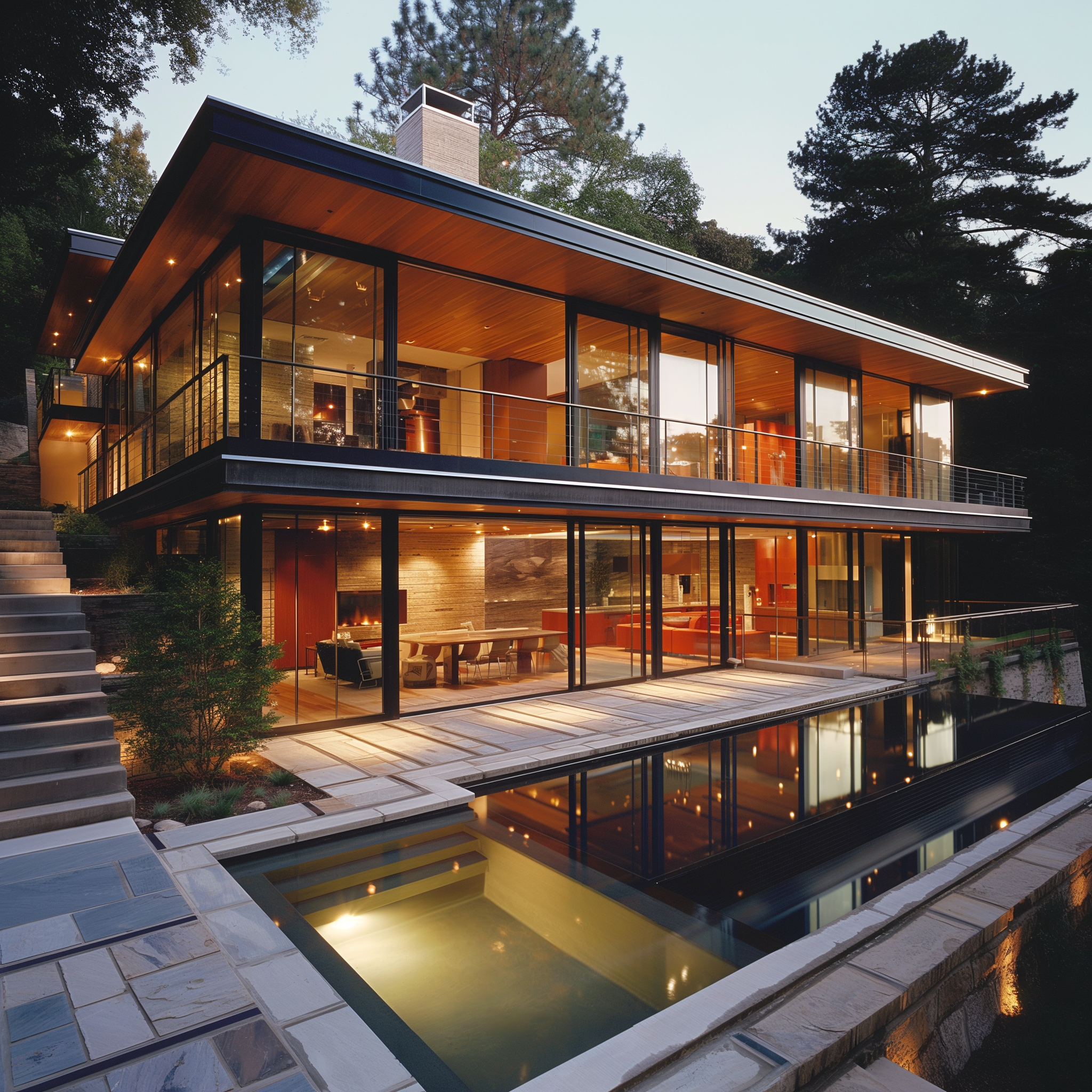 This photograph showcases a contemporary, two-story residence with floor-to-ceiling windows and glass doors that seamlessly integrate indoor and outdoor living spaces. The house features a minimalist design, characterized by wooden ceilings, wood paneling on the walls, and a spacious balcony overlooking a private pool area. The interior boasts a warm ambiance, illuminated by recessed lighting and accentuated by a fireplace located in the back of the room. The second floor is accessible via a glass-enclosed staircase. The exterior grounds are meticulously landscaped with lush greenery and feature an outdoor swimming pool surrounded by a patio area that seamlessly connects to the balcony of the upper level. In the background, the surrounding trees provide a natural frame for the house, while the well-manicured lawn adds to the overall sense of serenity and luxury.