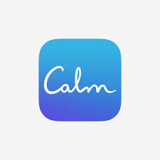 Alt tag: "Logo of the Calm app, featuring a gradient blue background with the word 'Calm' written in white cursive font."