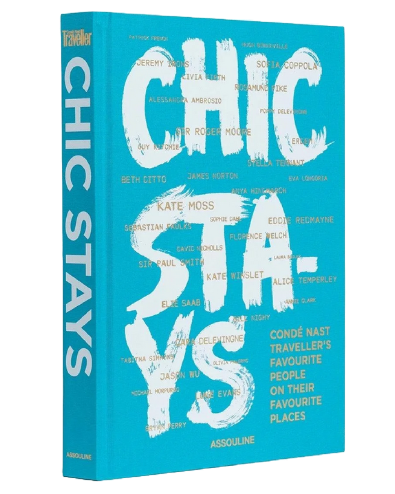 The image presents a book titled "CHIC STAYS VS" with a distinctive turquoise cover, featuring the title in large white letters. The cover is adorned with various words and names in smaller yellow text, including: * "ASSOULINE" * "CONDE NAST TRAVELLER'S FAVOURITE PEOPLE ON THEIR FAVOURITE PLACES" The book is set against a solid black background, suggesting that it may be part of an online store or catalog. The overall design and layout of the image are clean and modern, with a focus on showcasing the book's cover and title.