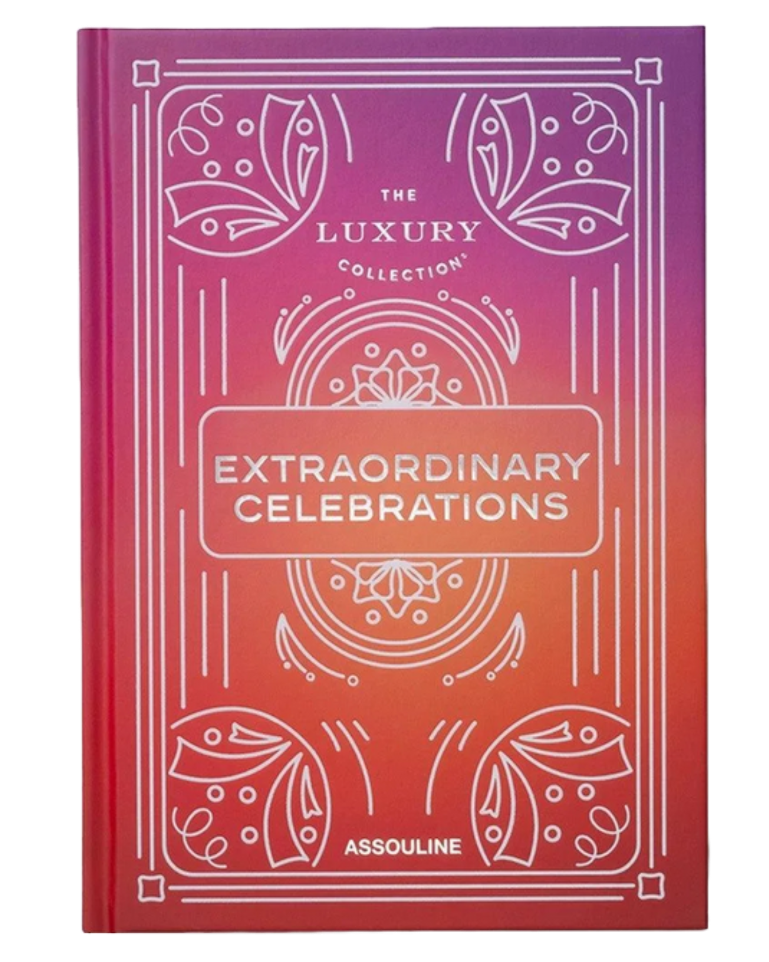 The image depicts the cover of a book titled "EXTRAORDINARY CELEBRATIONS" by Assouline, featuring a vibrant pinkish-orange background with white line art. * The title is prominently displayed in large white text within a box. + The font used for the title appears to be bold and modern, emphasizing its importance as the central theme of the book. + The placement of the title directly on the cover suggests that it will be a focal point of the content inside. * The author's name, "Assouline", is written in smaller white text at the bottom of the cover. + This placement indicates that while Assouline may not be as well-known as some other authors, they are still recognized and respected within their field. + The use of a consistent color scheme throughout the title and author's name creates a sense of cohesion and professionalism. * The background is pinkish-orange with white line art. + The warm tone of the background suggests that the book may focus on celebratory or joyful topics, such as parties, weddings, or other special events. + The white line art adds a touch of elegance and sophistication to the design, implying that the content will be refined and polished. In summary, the cover of "EXTRAORDINARY CELEBRATIONS" by Assouline presents an attractive and visually appealing design. The bold title and elegant background suggest that the book will explore themes related to celebration and festivity in a sophisticated manner.