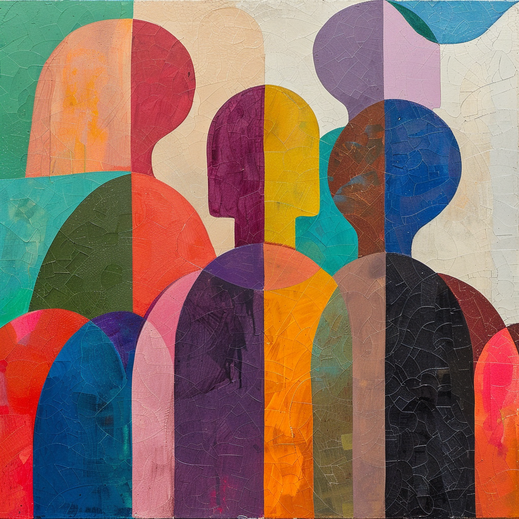 This abstract artwork features a stylized representation of a group of people, composed of colorful geometric shapes that evoke the appearance of silhouettes. The painting's central figures are rendered in bold hues such as purple, orange, yellow, and blue, with their faces obscured by solid color blocks. The surrounding individuals are depicted in various colors including green, pink, red, turquoise, white, beige, black, brown, lavender, and light blue, all of which contribute to the overall kaleidoscope effect. The artwork's background is a subtle off-white hue, providing a clean canvas for the vibrant silhouettes. The overall mood of the painting is one of energy and creativity, with its bold colors and dynamic composition evoking a sense of movement and life.