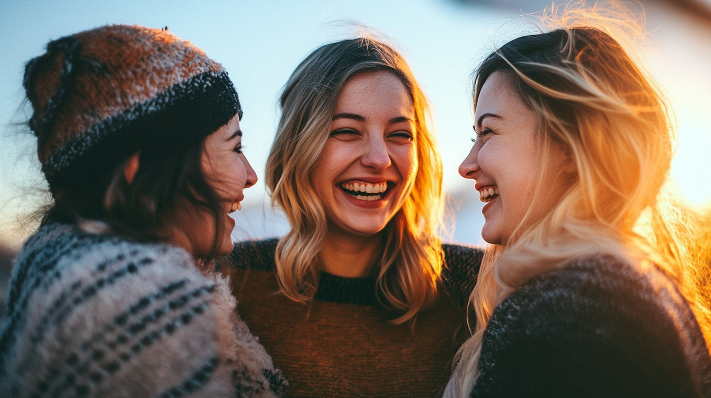 This photograph captures three women laughing and embracing each other, exuding warmth and camaraderie. The trio is positioned centrally in the frame, with their faces blurred to maintain anonymity. The woman on the left sports a stylish knit hat adorned with multicolored stripes, paired with a fuzzy gray sweater featuring a black stripe across the chest. Her dark hair flows down her back, framing her face as she gazes at her companions. The middle woman's long blonde locks cascade over her shoulders, while she wears a warm brown sweater and smiles broadly, her eyes closed in joy. In the bottom-left corner, a fourth figure is partially visible, wearing a similar gray fuzzy sweater with black stripes across the chest. Her dark hair flows down her back as she gazes at the others with a smile. The background of the image is softly focused, but appears to be an outdoor setting, likely a field or meadow, bathed in warm sunlight that casts a gentle glow over the scene.