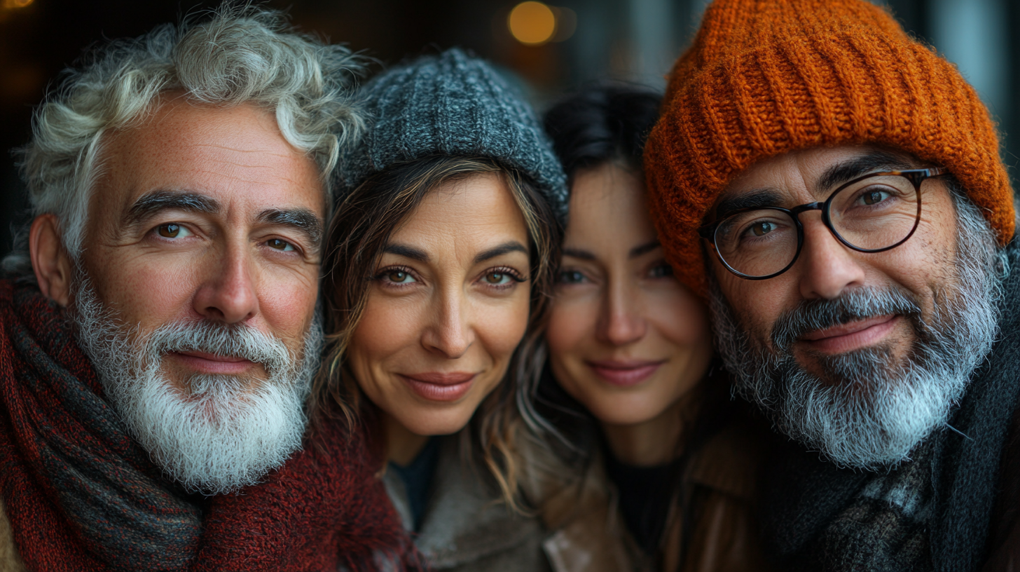 A close-up image of four smiling adults with diverse hairstyles and facial features, wearing cozy hats and scarves, posing together in a warm, inviting atmosphere.