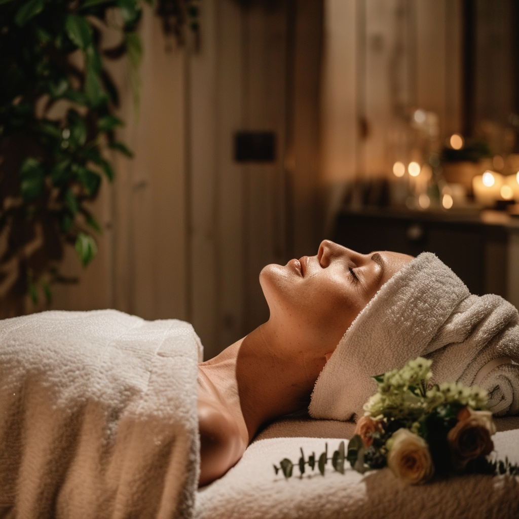 The image depicts a serene scene of a woman reclining on a massage table, enveloped in tranquility. In the foreground, the woman's face is partially visible as she lies on her back with her head turned to the right side of the frame. Her eyes are closed, and her mouth is slightly open, conveying a sense of relaxation. A white towel is wrapped around her forehead, while another one covers her body from the waist down. On the table in front of her, a small bouquet of flowers adds a touch of elegance to the scene. The arrangement features three roses, two light brown and one darker shade, accompanied by some greenery. In the background, the room is dimly lit, with soft lighting emanating from candles or lamps on a nearby counter. The atmosphere exudes relaxation and calmness, suggesting that the woman is receiving a spa treatment or massage therapy session.