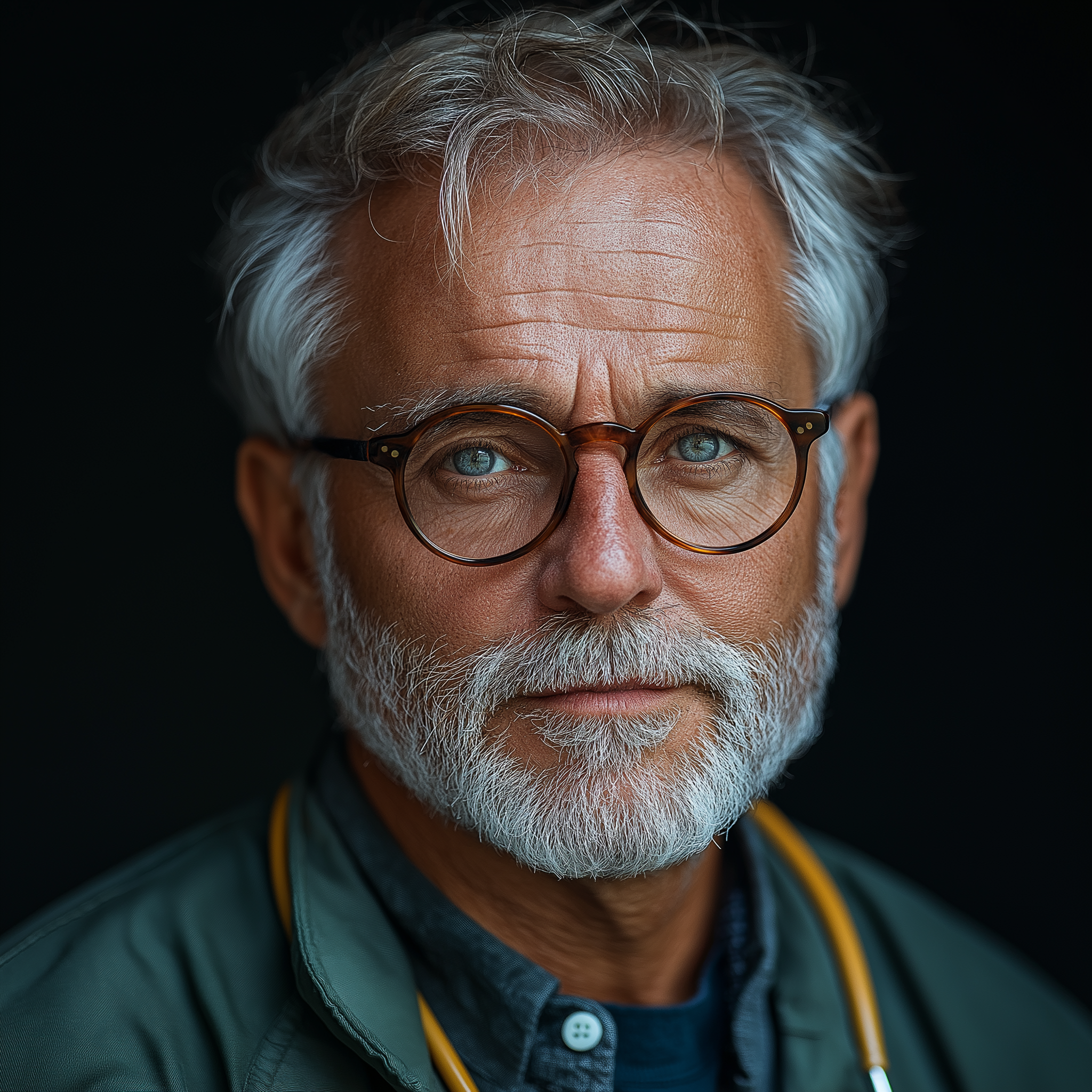A middle-aged man with gray hair and a beard, wearing round glasses and a dark green jacket, gazes thoughtfully at the camera against a dark background.