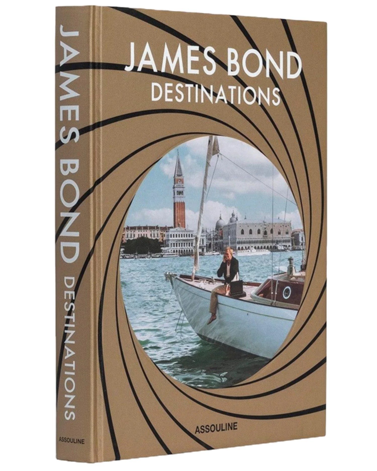 The image depicts the cover of a book titled "James Bond Destinations" by Assouline, featuring a man in a black jacket standing on the bow of a white sailboat as it glides across the water. The boat is situated in front of a picturesque cityscape with numerous buildings and a prominent clock tower. **Key Features:** * **Title:** "James Bond Destinations" * **Author/Publisher:** Assouline * **Image:** A man in a black jacket standing on the bow of a white sailboat, set against a backdrop of a city with multiple buildings and a clock tower. * **Color Scheme:** The cover features a tan color scheme with a spiral design, while the title is displayed in white text at the top. The image itself has a muted tone, with the man's jacket being the only splash of color. **Overall Impression:** The book cover effectively conveys the theme of adventure and travel associated with James Bond, while also highlighting the luxurious and sophisticated aspects of the character's lifestyle.