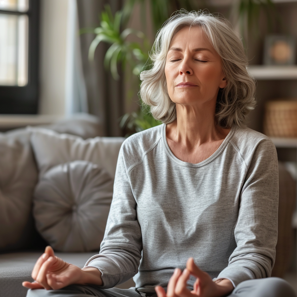 The image depicts a serene scene of an older woman meditating in her living room, exuding a sense of calm and tranquility. In the foreground, the woman is seated cross-legged on the floor with her eyes closed, wearing a gray long-sleeved shirt and light-gray sweatpants. Her hands are placed in a specific position, with her right hand resting on top of her left, fingers extended upwards towards the ceiling, and palms facing downwards. The focus on her hands suggests that she is engaged in some form of meditation or yoga practice. The background of the image reveals a cozy living room setting, characterized by a gray couch with a tufted back against one wall. A large plant sits behind the woman, adding a touch of greenery to the space. The walls are painted white, and shelves can be seen in the distance, although they are out of focus. The overall atmosphere of the image is one of relaxation and mindfulness, inviting the viewer to step into the peaceful world of the meditating woman.