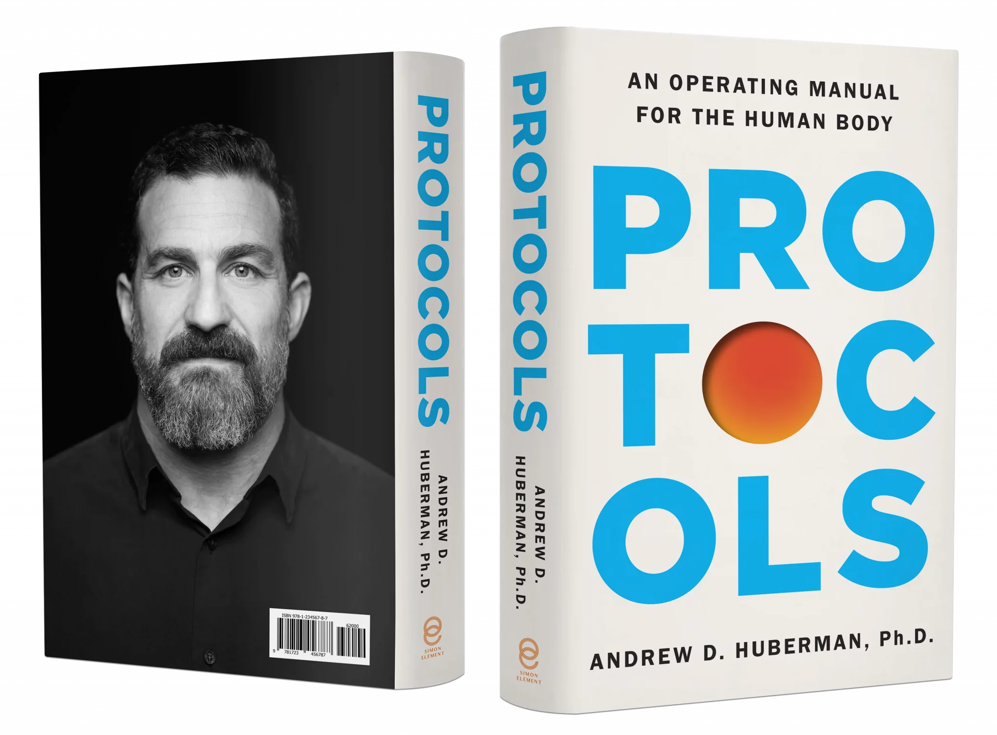 Alt tag: A book titled "Protocols: An Operating Manual for the Human Body" by Andrew D. Huberman, Ph.D., featuring a portrait of the author on the left and a vibrant cover design on the right.