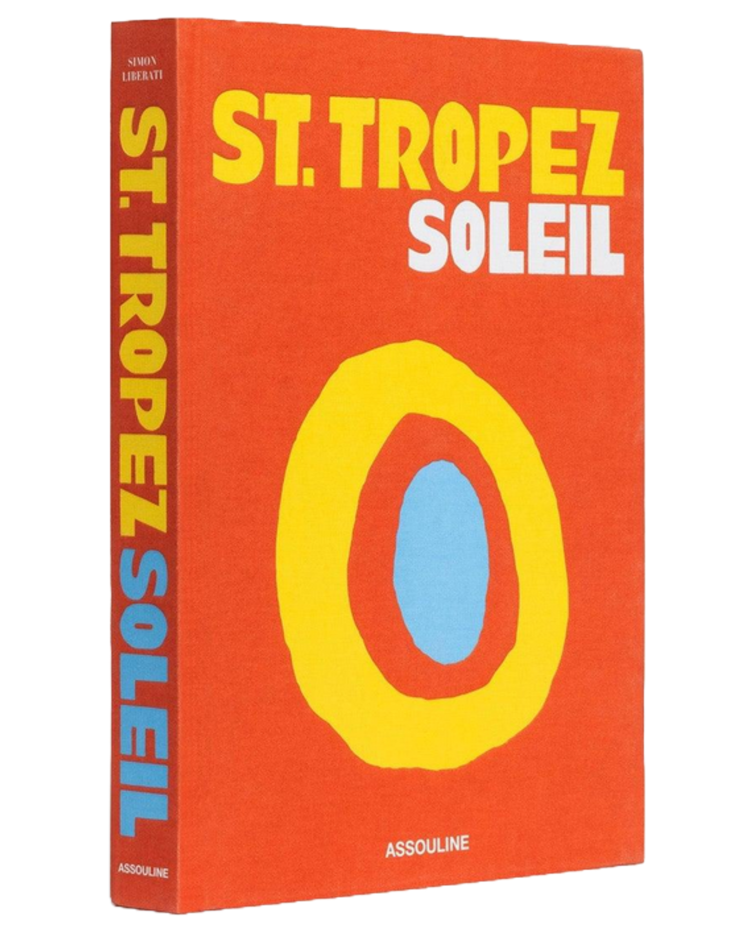 The image presents a book cover with the title "ST. TROPEZ SOLEIL" prominently displayed in yellow and white text, set against an orange background. The cover features a striking design element: three concentric circles, each in a different color - light blue, red, and yellow - that create a visually appealing contrast. **Key Features:** * **Title:** "ST. TROPEZ SOLEIL" in yellow and white text * **Background:** Orange * **Design Element:** Three concentric circles in light blue, red, and yellow * **Publisher:** Assouline (indicated at the bottom of the cover) **Overall Impression:** The image showcases a vibrant and eye-catching book cover that effectively communicates the title and theme of the publication. The use of bold colors and simple yet effective design elements creates a visually appealing and engaging visual representation of the book.