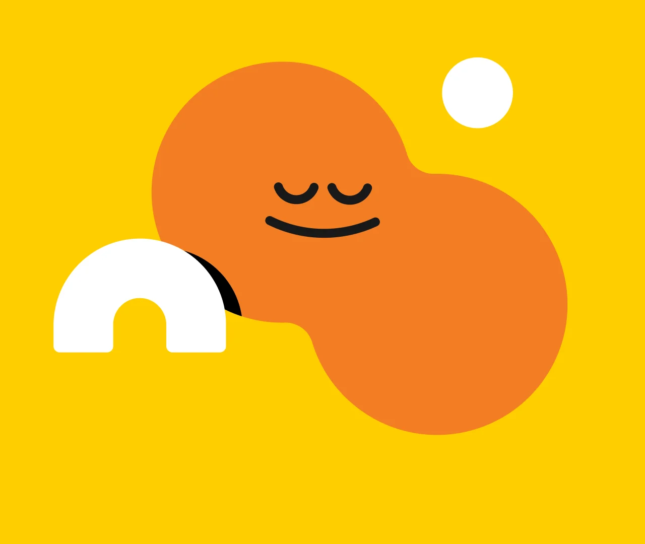 A playful orange blob character with closed eyes and a smile rests against a white arch on a bright yellow background, with a small circle representing the sun.