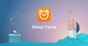 A woman stretching in bed with the Sleep Cycle app logo and a bedside alarm clock, set against a gradient background.