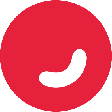Red circular logo featuring a small black curved shape inside.