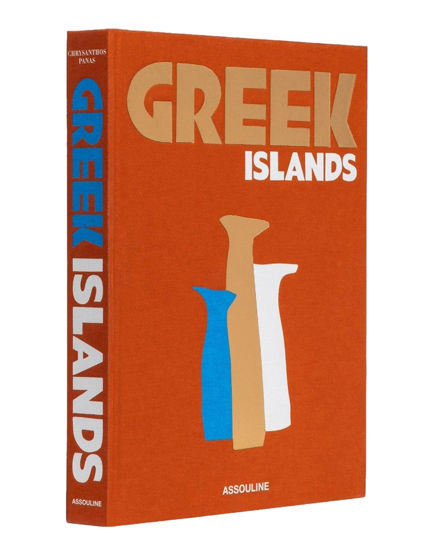 Alt tag: "Book titled 'Greek Islands' by Assouline, featuring a minimalist cover design with a vibrant orange background and abstract vase illustrations in blue, white, and beige."