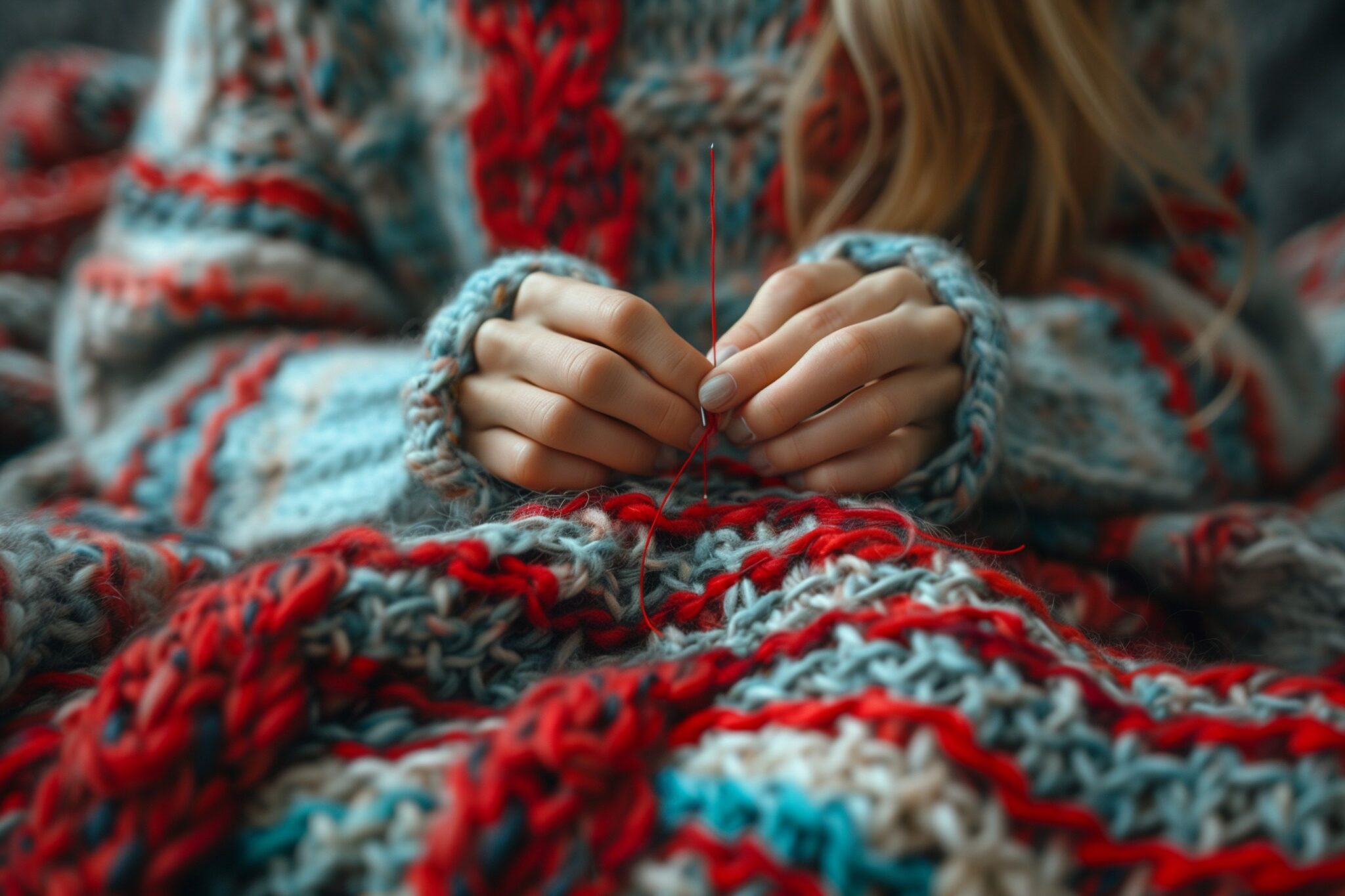 Alt tag: "Close-up of hands holding a needle and thread, with a cozy knitted blanket featuring vibrant red and blue patterns."