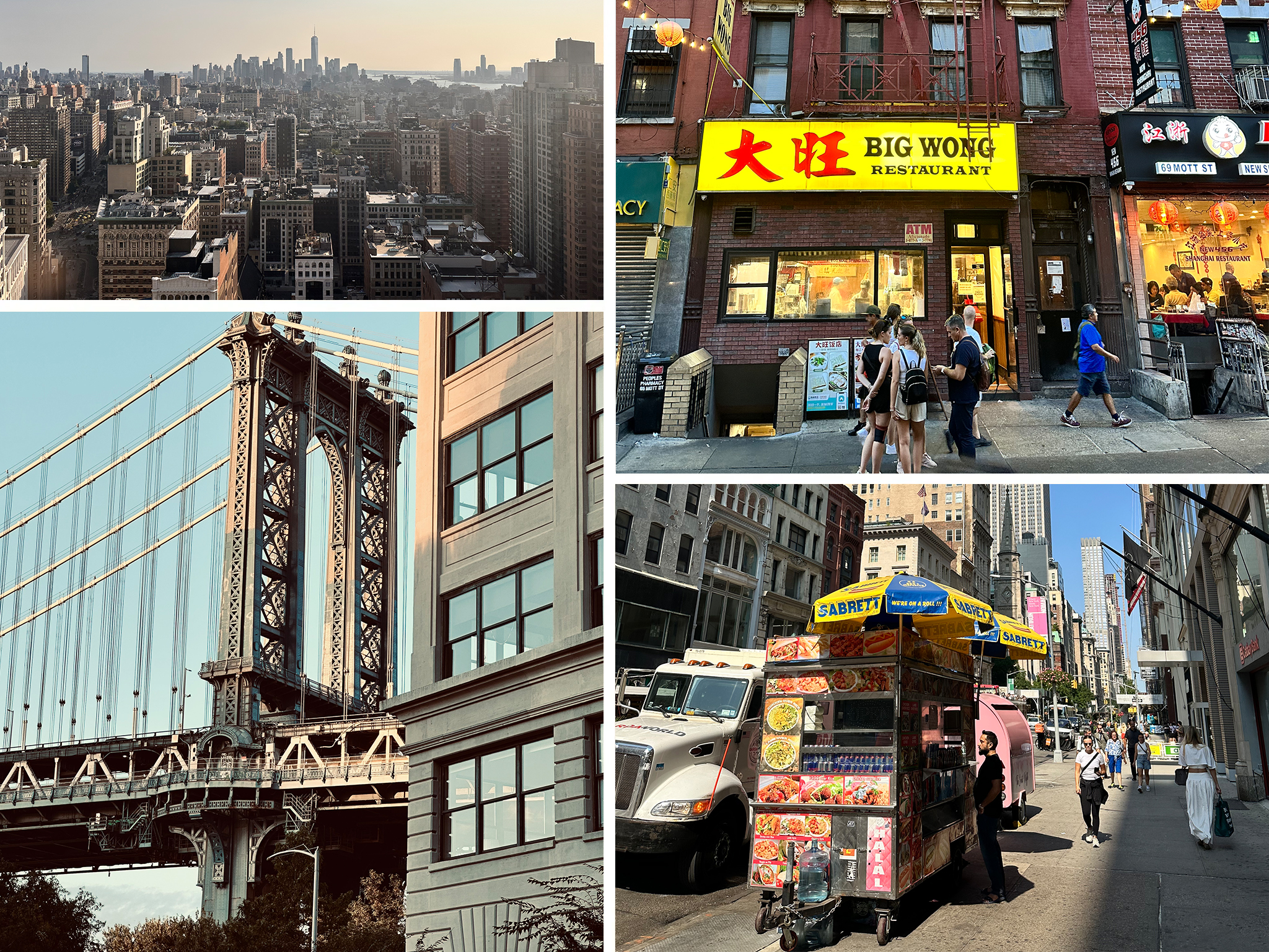 A collage showcasing New York City's skyline, the iconic Manhattan Bridge, a bustling street featuring Big Wong restaurant, and a food cart offering diverse street food options.