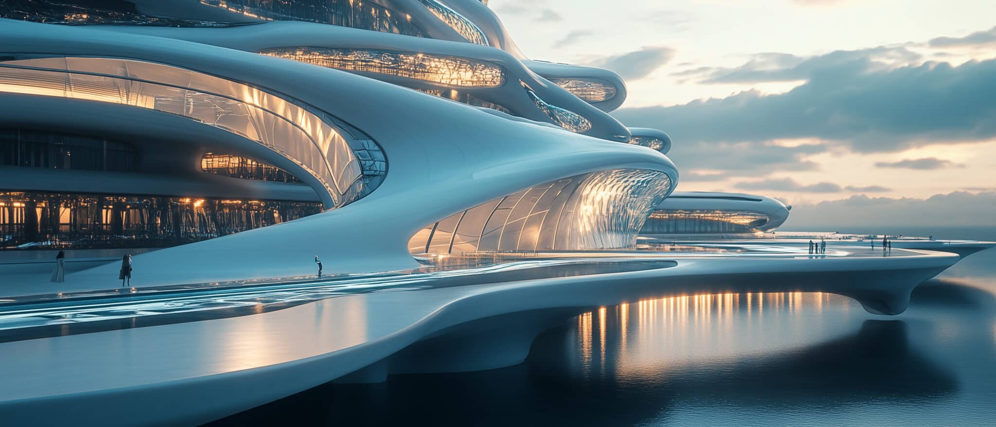 Futuristic architectural design featuring sleek, flowing forms and large glass panels, set against a tranquil waterfront at sunset. People are seen walking along a curved pathway.