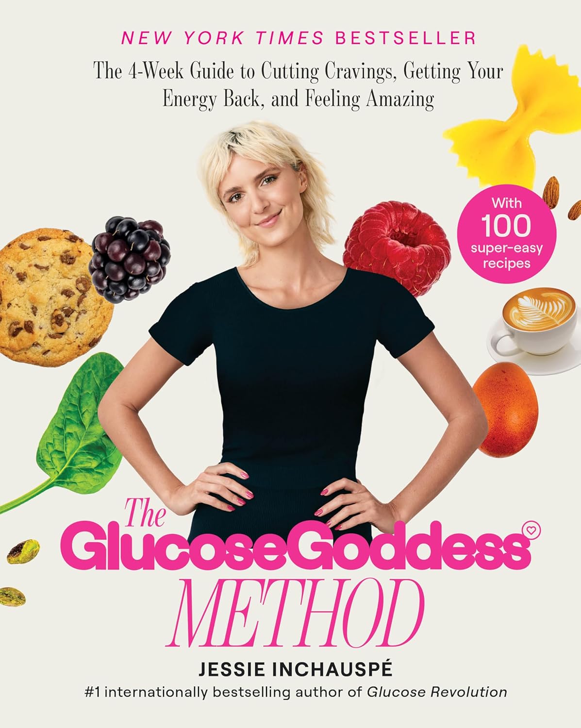 The image is the cover of "The Glucose Goddess Method" by Jessie Inchauspé, featuring a woman surrounded by various foods. * The title: + Written in pink text + Located at the bottom center of the image + Includes the subtitle "NEW YORK TIMES BESTSELLER" in smaller pink text above it * The author's name: + Written in small black text below the title + Reads "JESSIE INCHAUSPÉ" * A woman with her hands on her hips: + Standing in front of a light beige background + Wearing a dark gray t-shirt + Blonde hair pulled back into a ponytail + Smiling and looking directly at the camera The image effectively conveys the theme of healthy eating and weight loss, which is likely the focus of the book. The use of bright colors and playful typography adds a touch of whimsy to the design.